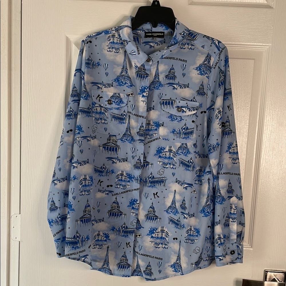 Karl Lagerfeld Paris whimsical print long sleeve button down blouse